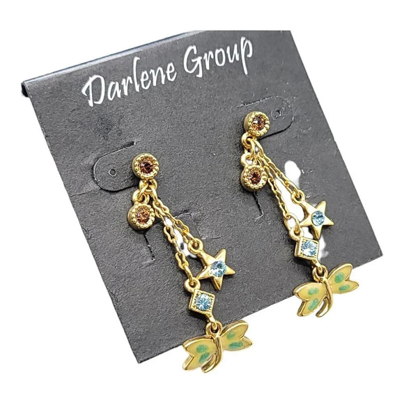 Darlene Group Gold Toned Post Dangle Earrings Enamel Dragonfly Star Rhinestone A - Picture 2 of 4